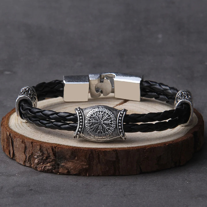 Viking Leather Bracelet - Vegvisir Symbol