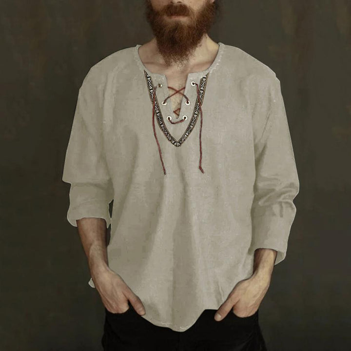 Lace-Up V-Neck Medieval Viking Long Sleeve Shirt