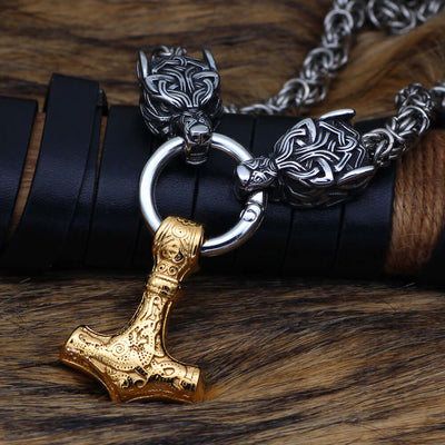 Black Braided King Chain With Twin Wolf Heads & Gold Mjolnir Pendant