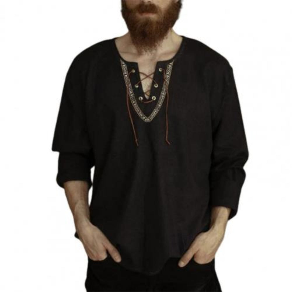 Lace-Up V-Neck Medieval Viking Long Sleeve Shirt