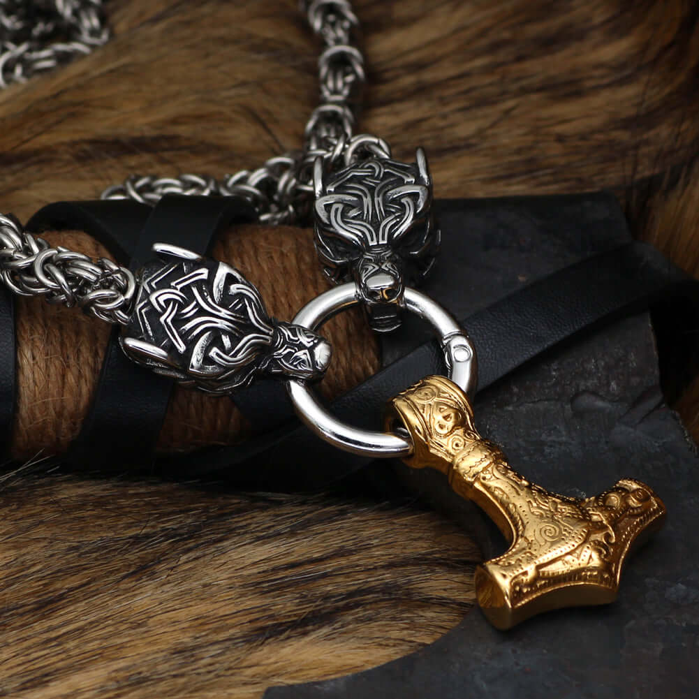 Black Braided King Chain With Twin Wolf Heads & Gold Mjolnir Pendant