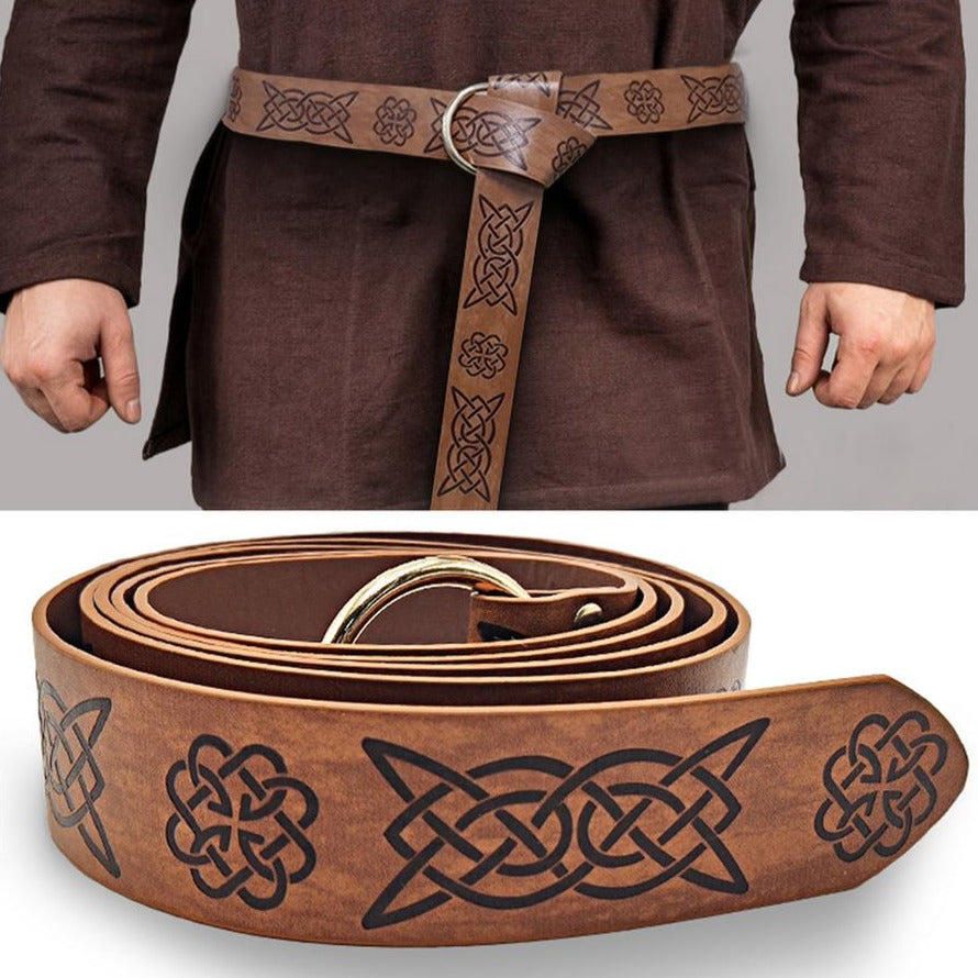 Medieval Knight Cosplay Belt - Embossed PU Leather Viking Belt With O Ring, Adjustable, One Size Fits All, Black