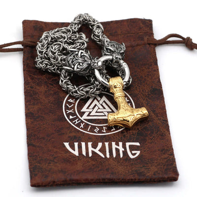 Black Braided King Chain With Twin Wolf Heads & Gold Mjolnir Pendant