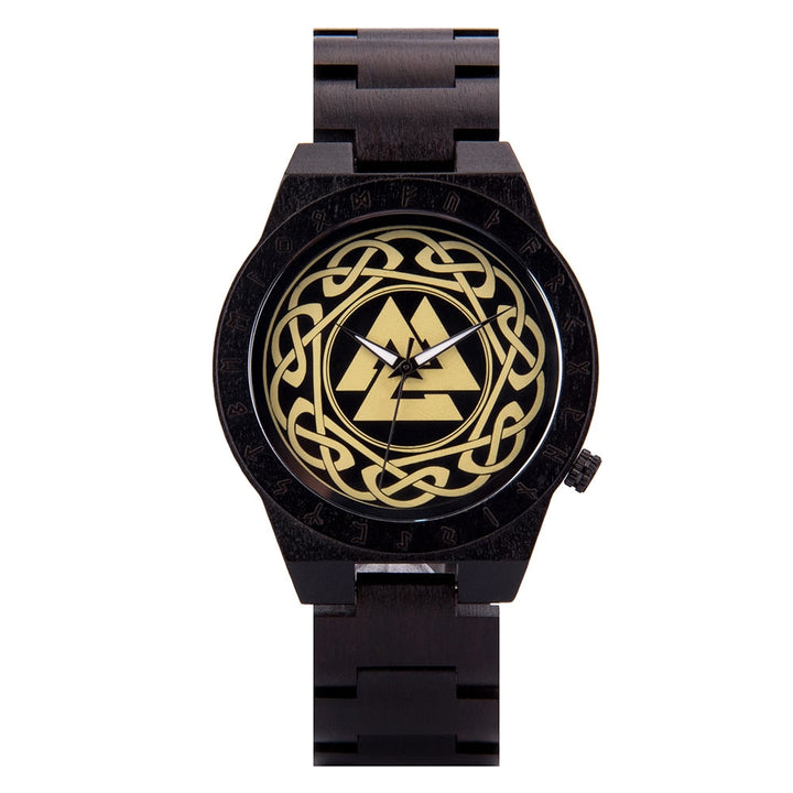 WOODEN VIKING WATCH WITH VALKNUT SYMBOL