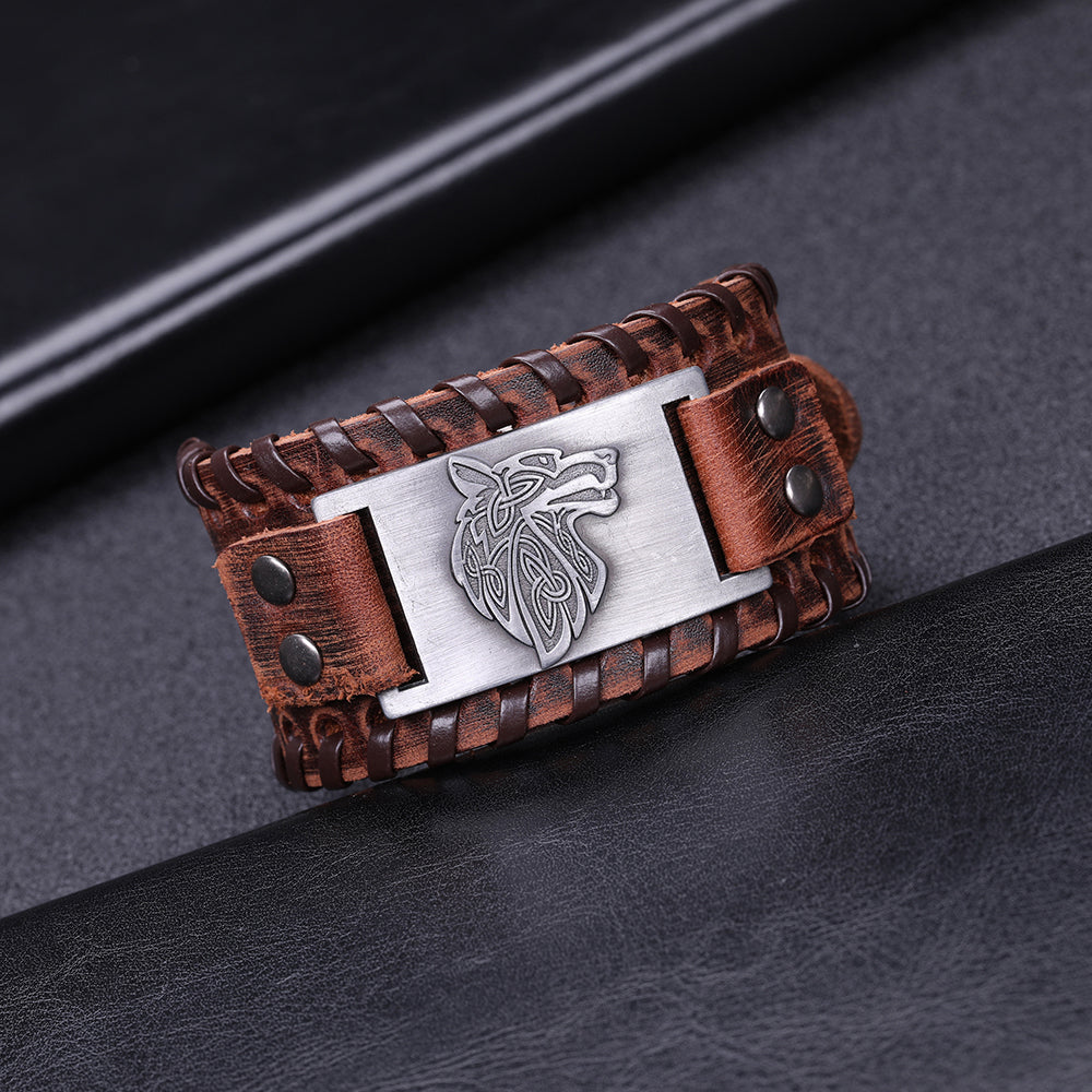 Viking Leather Bracelet Featuring Nordic Wolf Head