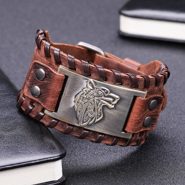 Viking Leather Bracelet Featuring Nordic Wolf Head