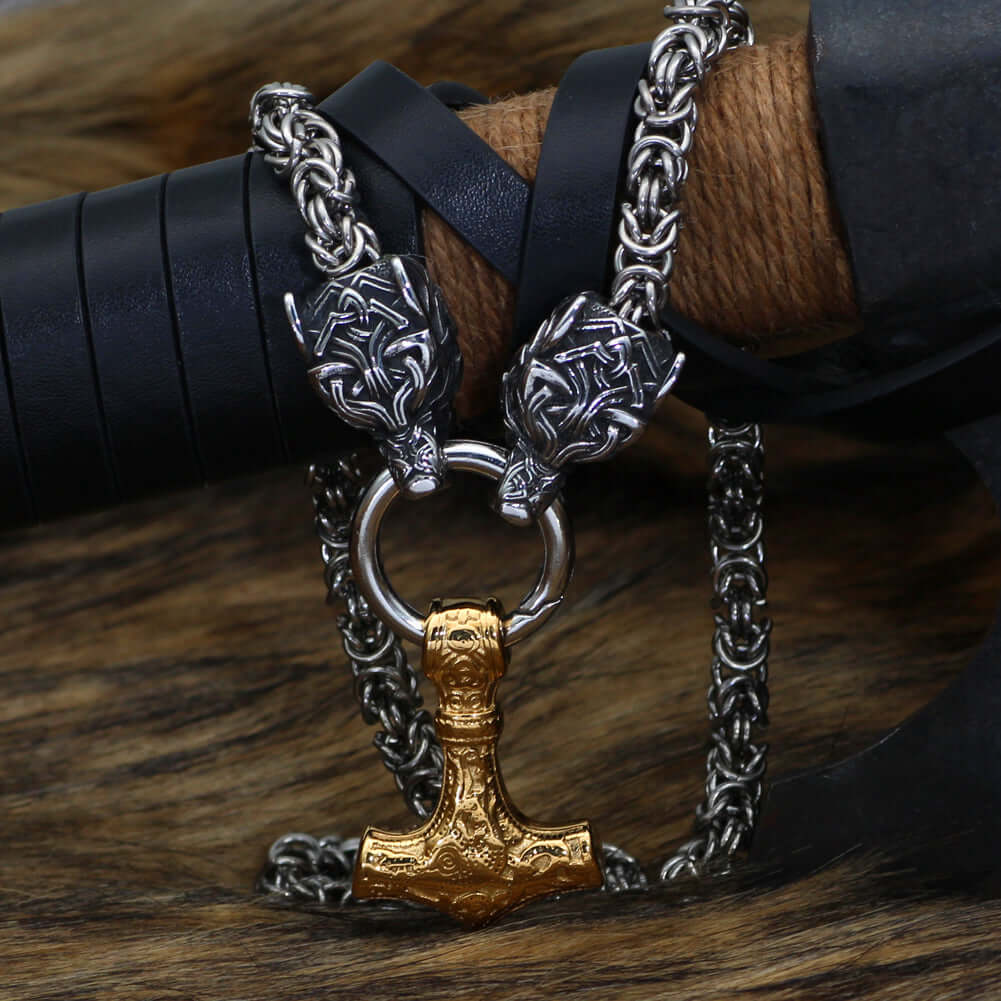 Black Braided King Chain With Twin Wolf Heads & Gold Mjolnir Pendant