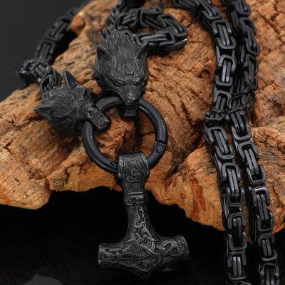 Black King Chain Featuring Wolf Heads With Mjolnir Pendant
