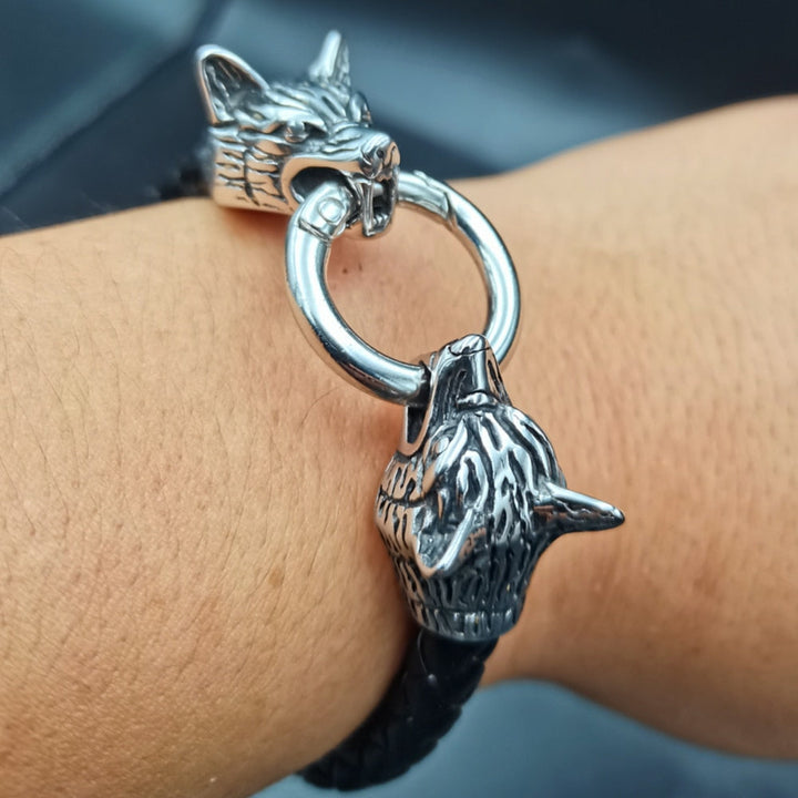 Viking Leather Bracelet - Wolf Heads with Rune Bead