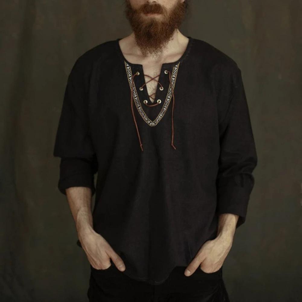 Lace-Up V-Neck Medieval Viking Long Sleeve Shirt