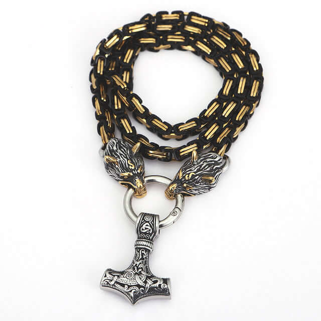 Gold And Black Trimmed King Chain With Wolves Biting The Ring Holding A Mjolnir Pendant