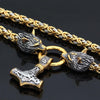 Gold Trimmed King Chain With Twin Wolf Heads Holding Mjolnir Pendant