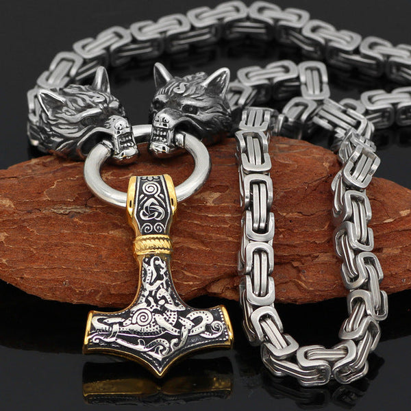 King Chain With Twin Wolf Heads & Gold Trimmed Mjolnir Pendant ...