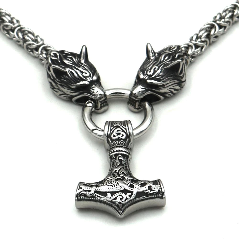 Silver King Chain With Mjolnir Pendant Held By Wolves Heads