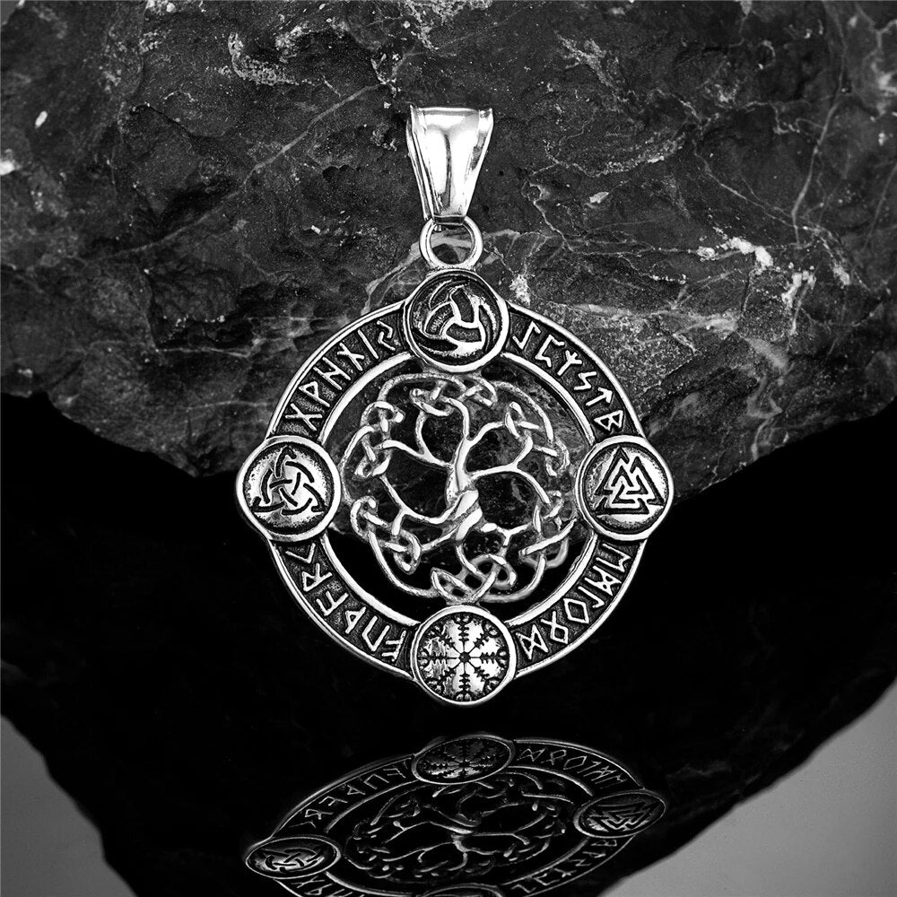 Never Fade Vikings Axes Necklaces Men's Norse Runes Celtic Knot Thors  Hammer Pendant Stainless Steel Self-defense Amulet Jewelry