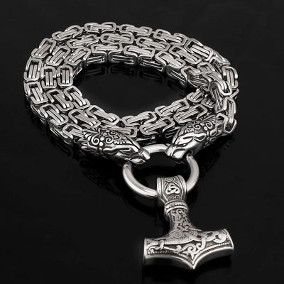 King Chain With Twin Tiger Heads Holding A Mjolnir Pendant