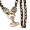 Gold And Black Trimmed King Chain With Wolves Biting The Ring Holding A Mjolnir Pendant