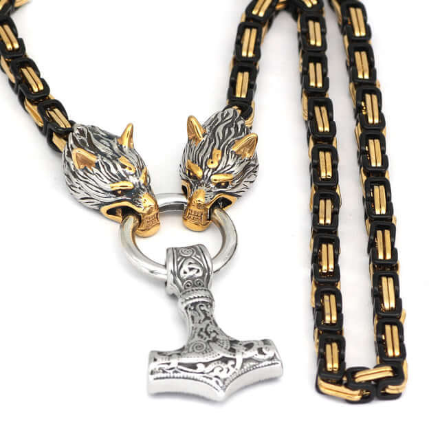 Gold And Black Trimmed King Chain With Wolves Biting The Ring Holding A Mjolnir Pendant
