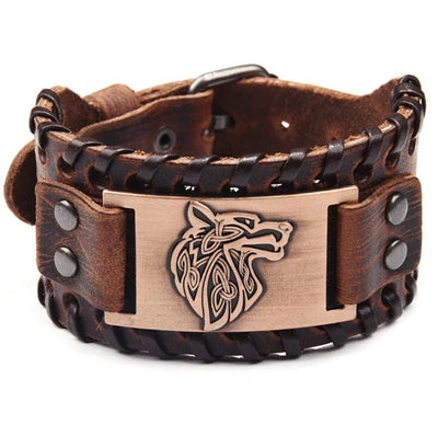 Viking Leather Bracelet Featuring Nordic Wolf Head