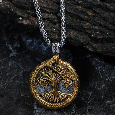 Viking Necklace - Gold-trimmed Yggdrasil in Jormugandr Circle