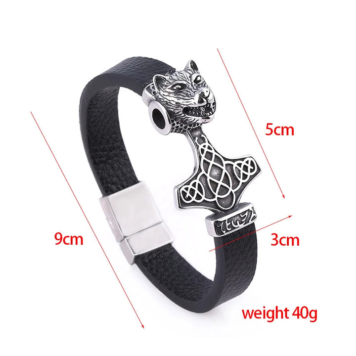 Viking Leather Bracelet - Mjolnir Wolf
