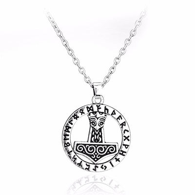 Thor Hammer Necklace - Runes Circle (Silver)