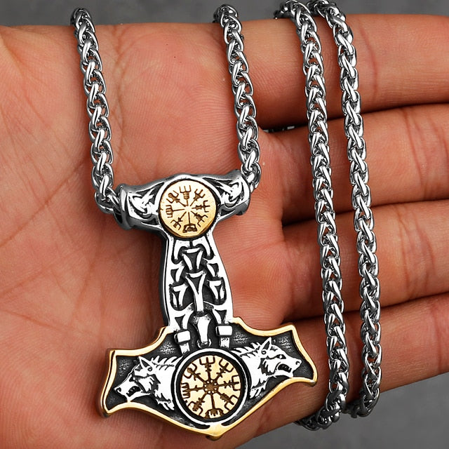 Thors Hammer Necklace - Golden Asgards Wolves