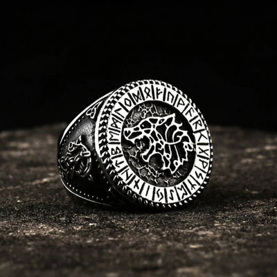 Viking Ring - Fenrir in Runic Circle