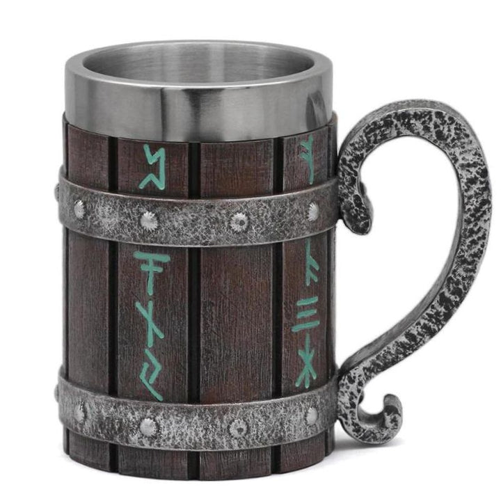 Viking Runes Tankard Mug With Wooden Barrel Design - 600ml