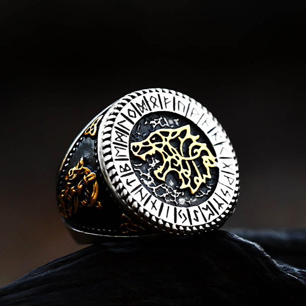 Viking Ring - Fenrir in Runic Circle