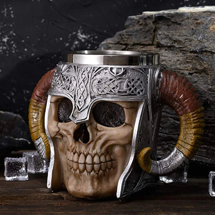 Viking Tankard Mug - Handcrafted Skull With Steel Horned Helmet