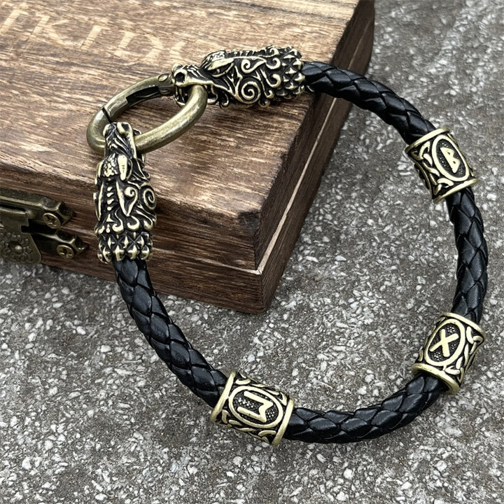 Viking Leather Bracelet - Nordic Dragon Heads