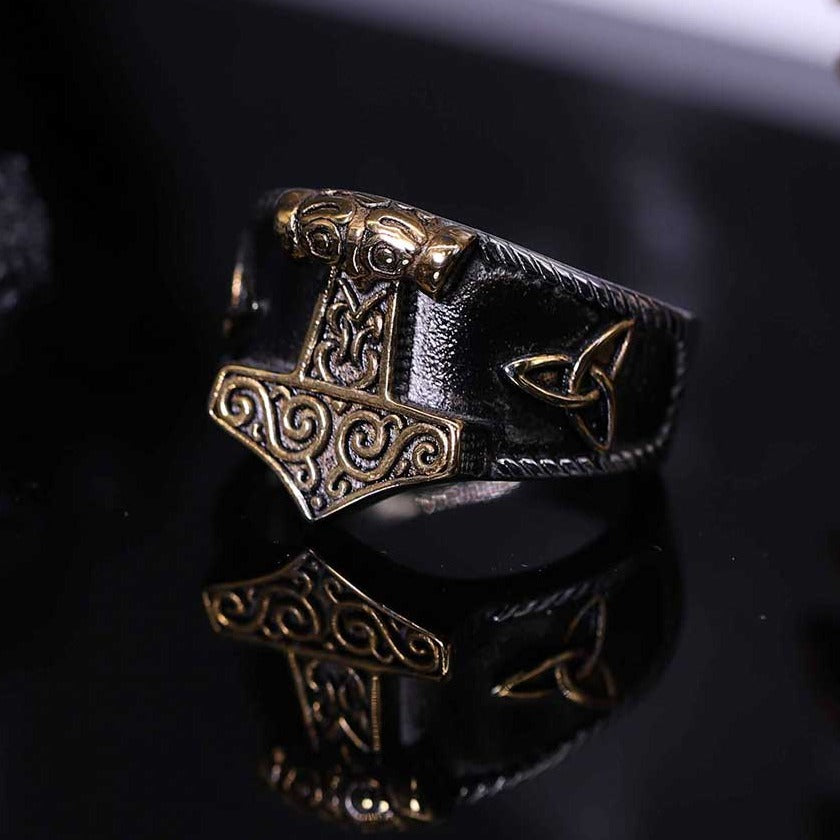 Viking Ring - Gold-trimmed Mjolnir