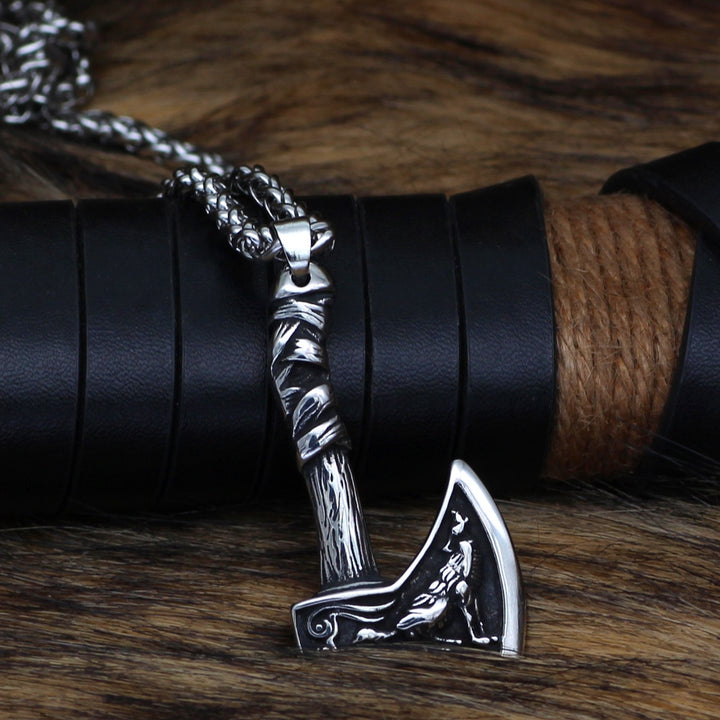 Viking Necklace - Wolf and Raven Axe Pendant