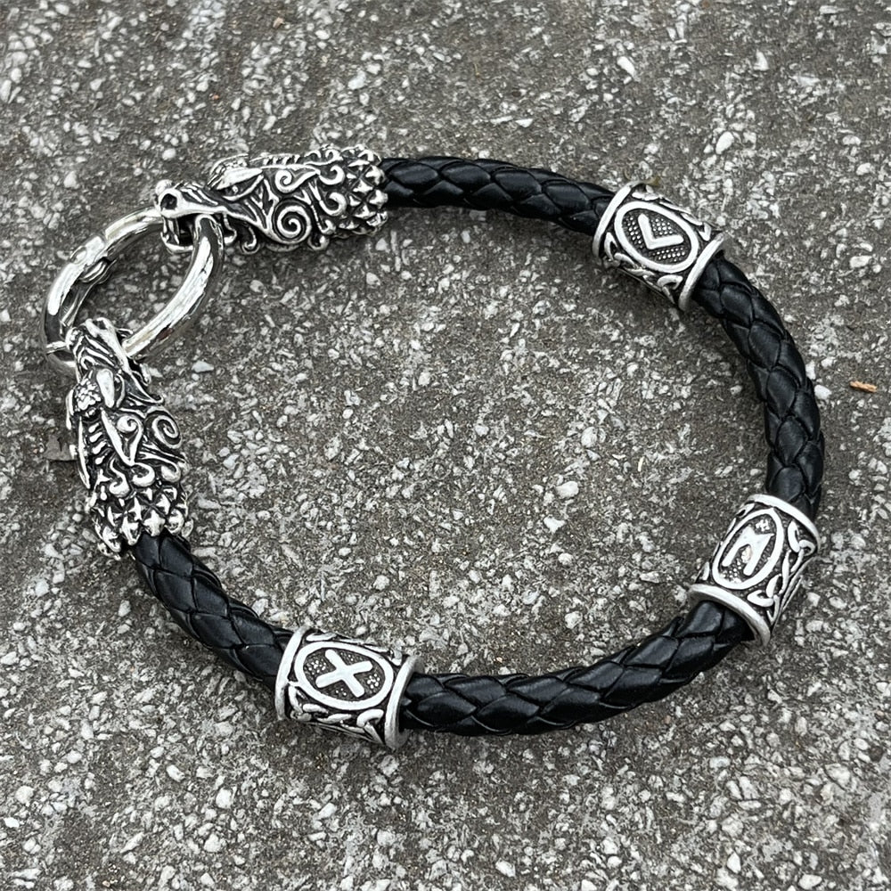 Viking Leather Bracelet - Nordic Dragon Heads