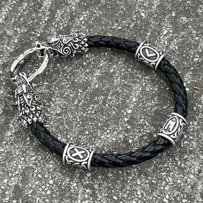 Viking Leather Bracelet - Nordic Dragon Heads