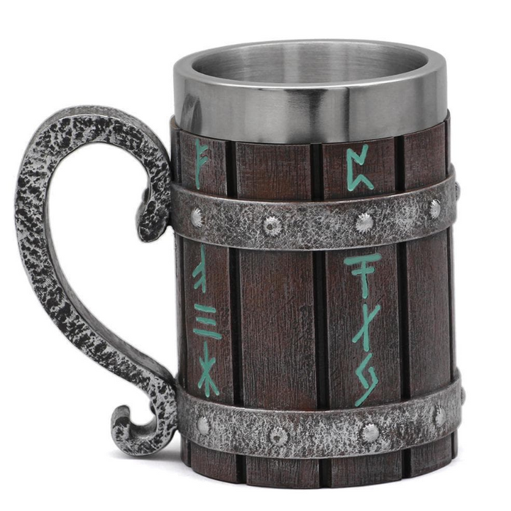 Viking Runes Tankard Mug With Wooden Barrel Design - 600ml