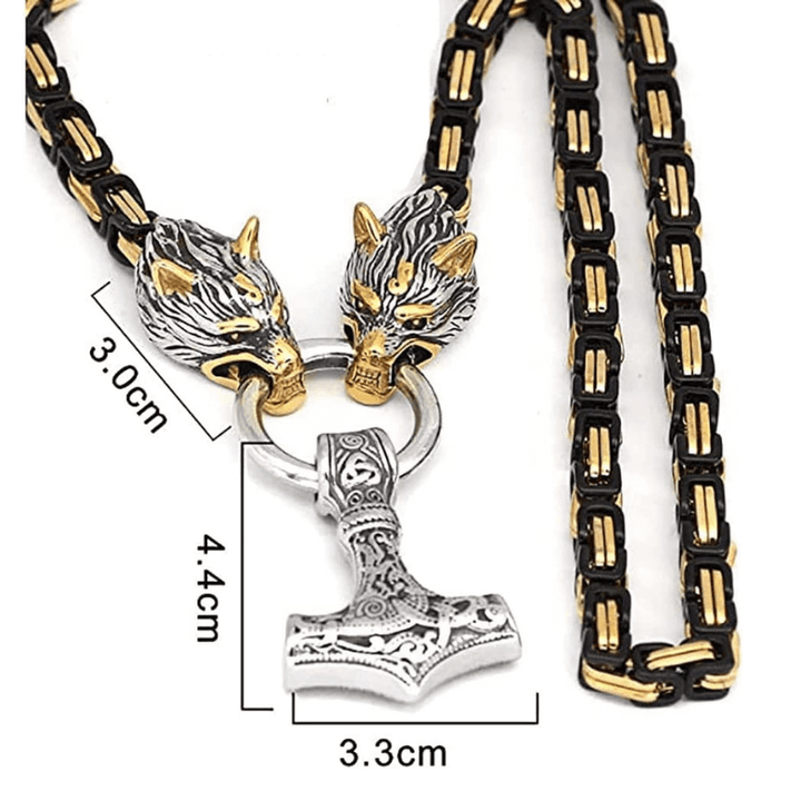 Gold And Black Trimmed King Chain With Wolves Biting The Ring Holding A Mjolnir Pendant