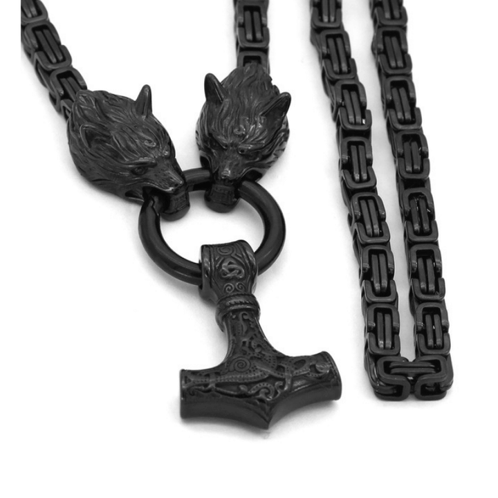 Black King Chain Featuring Wolf Heads With Mjolnir Pendant