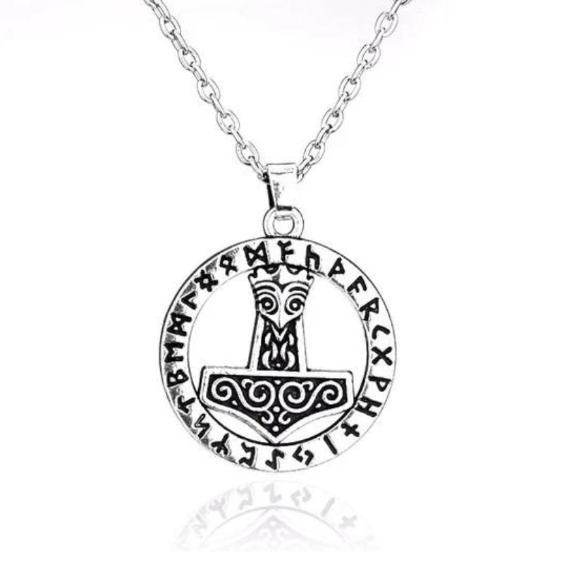 Thor Hammer Necklace - Runes Circle (Silver)