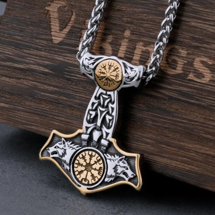 Thors Hammer Necklace - Golden Asgards Wolves
