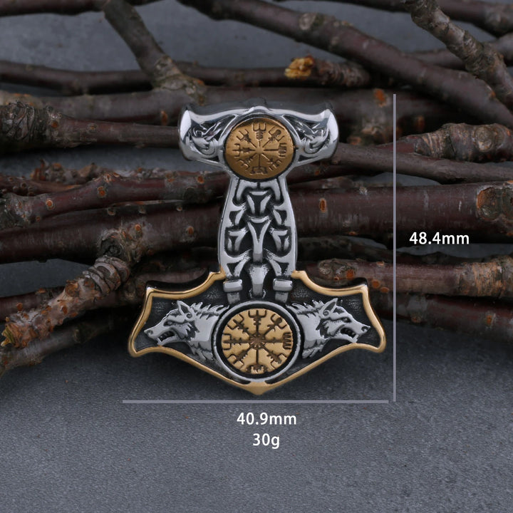 Thors Hammer Necklace - Golden Asgards Wolves