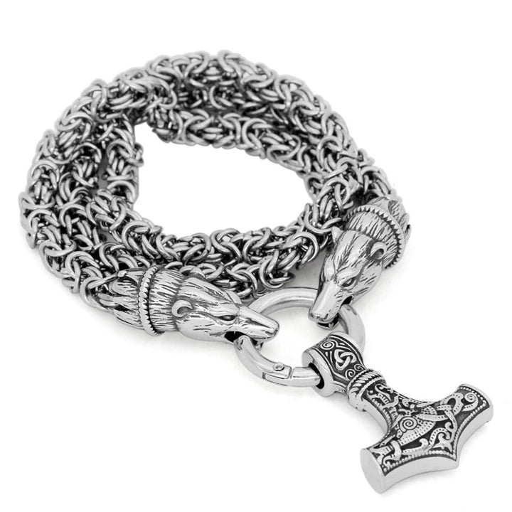 Silver King Chain Featuring Bear Heads Holding Mjolnir Pendant