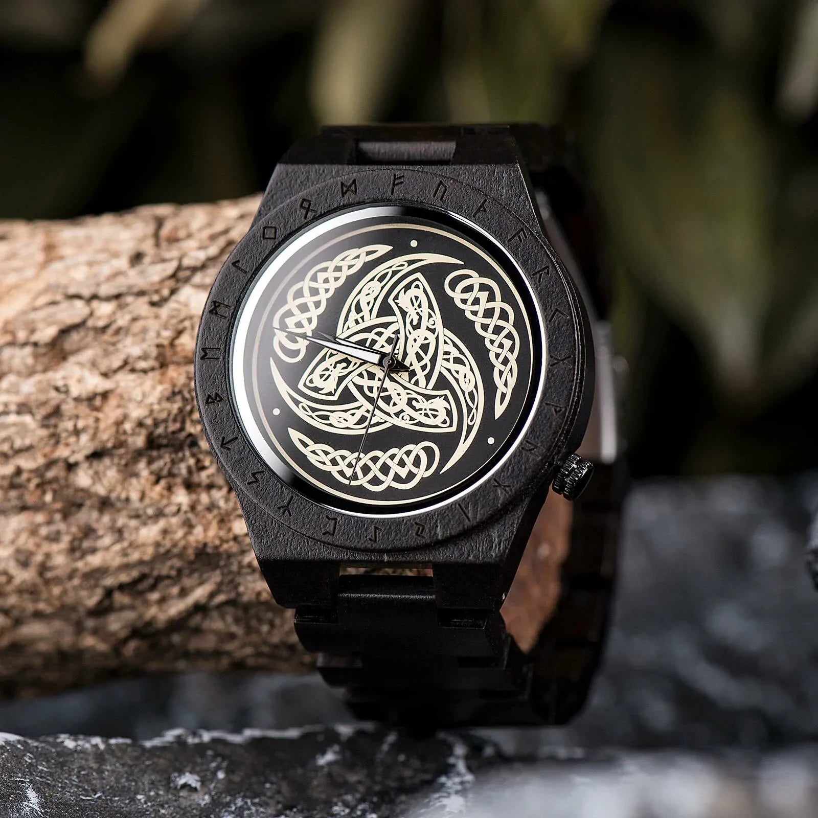 Wooden Viking Watch Featuring Odin's Triskelion