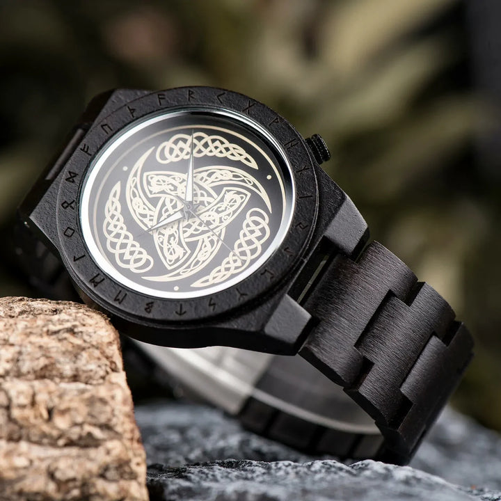 Wooden Viking Watch Featuring Odin's Triskelion