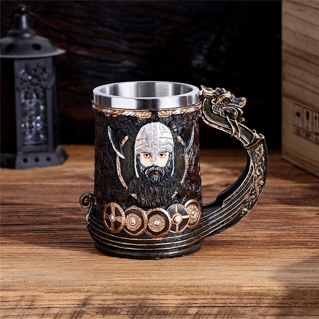 Viking Tankard Mug - Drakkar Dragon Ship Mug Featuring Norse God Odin