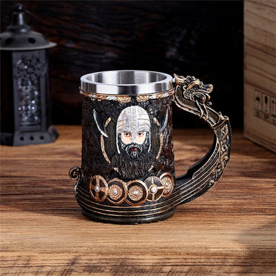 Viking Tankard Mug - Drakkar Dragon Ship Mug Featuring Norse God Odin