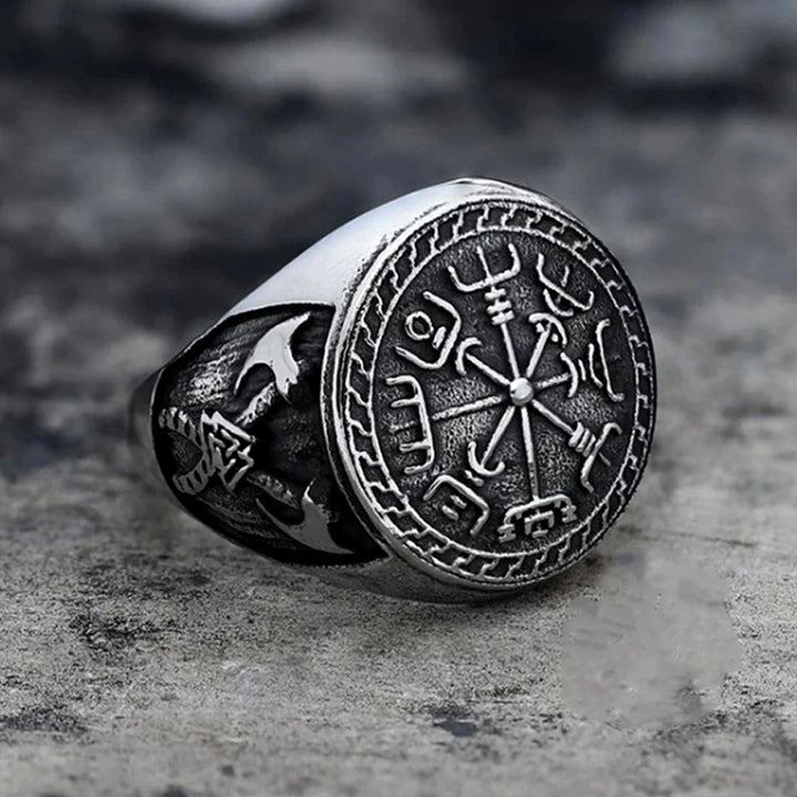Men's Norse Viking Axe & Vegvisir Compass Ring - Stainless Steel, Sizes 7-16