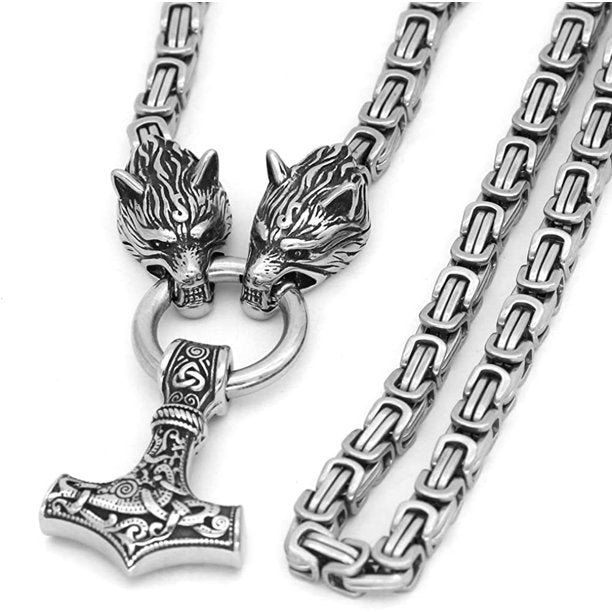 Silver King Chain With Mjolnir Pendant Held By Wolves Heads