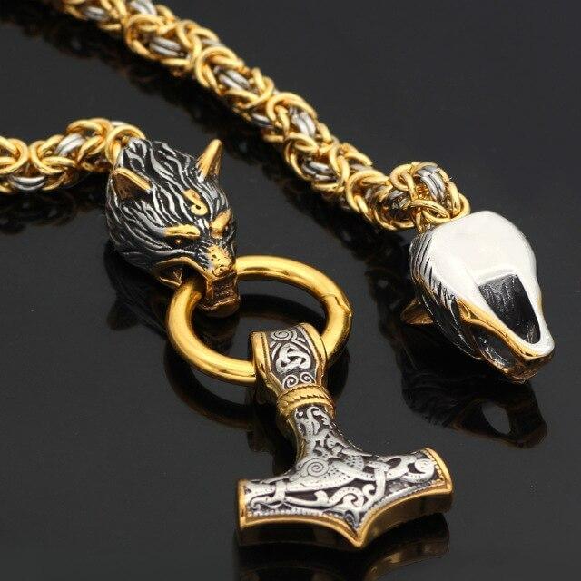 Gold Trimmed King Chain With Twin Wolf Heads Holding Mjolnir Pendant